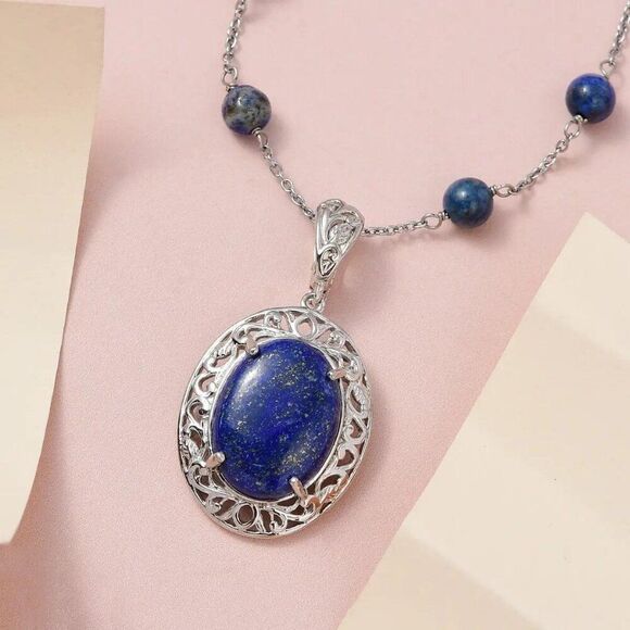 Karis, New, Stamped, Blue Lapis Lazuli Necklace, 18 Inches, Platinum Plating. - Picture 3 of 6